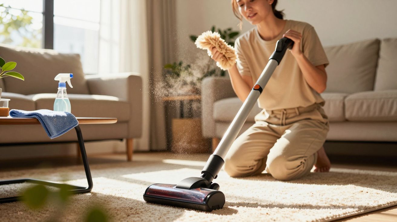 Mulher a aspirar tapete numa sala iluminada, segurando uma escova, com produtos de limpeza sobre mesa ao lado.