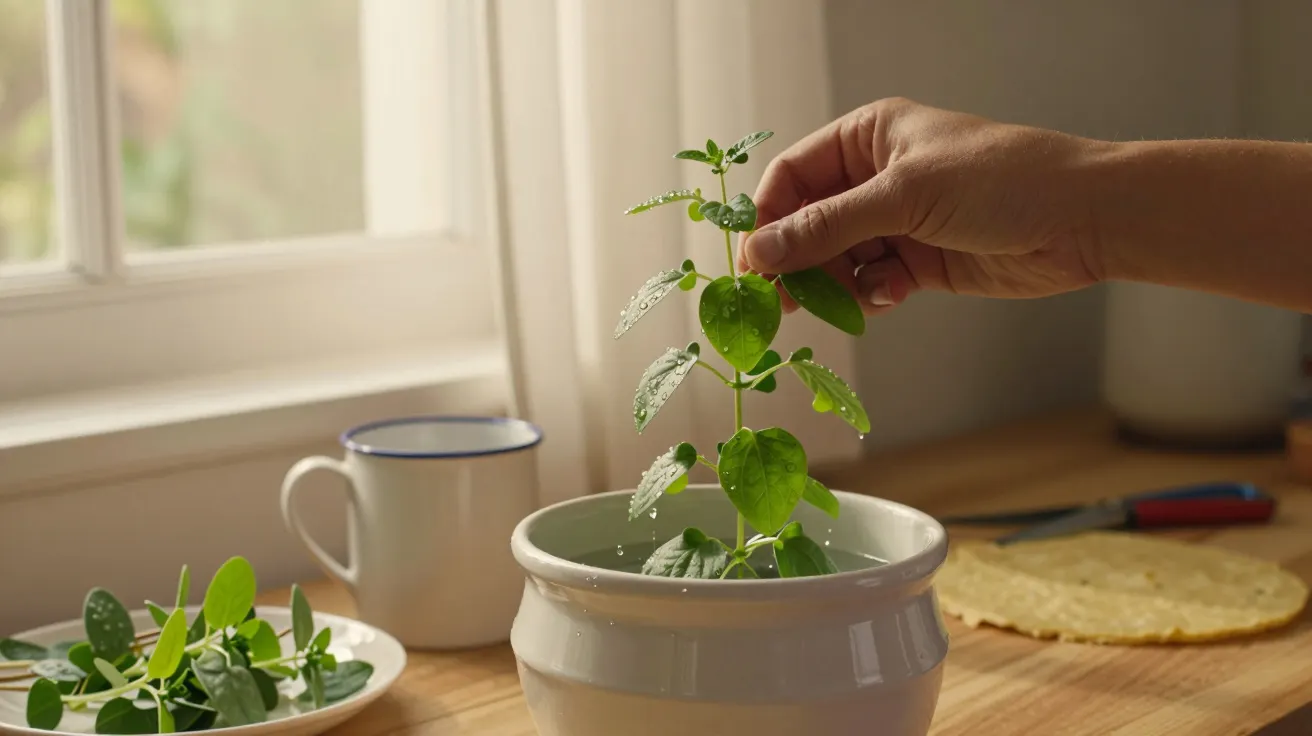 Mão cuidando de uma planta em vaso sobre mesa de madeira, com chávena e prato de folhas ao fundo, junto a janela.