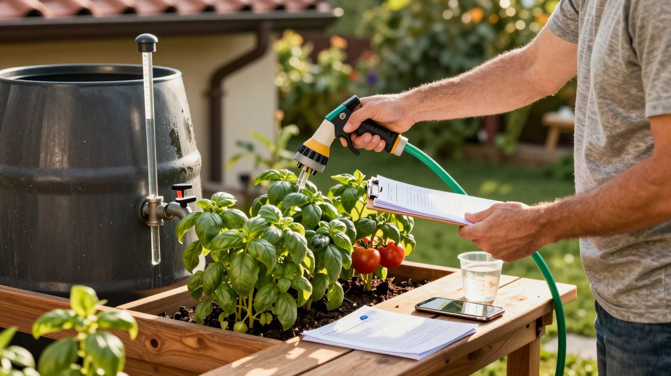Pessoa a regar manjericão e tomateiros num jardim elevado, com papéis e telefone sobre a mesa.