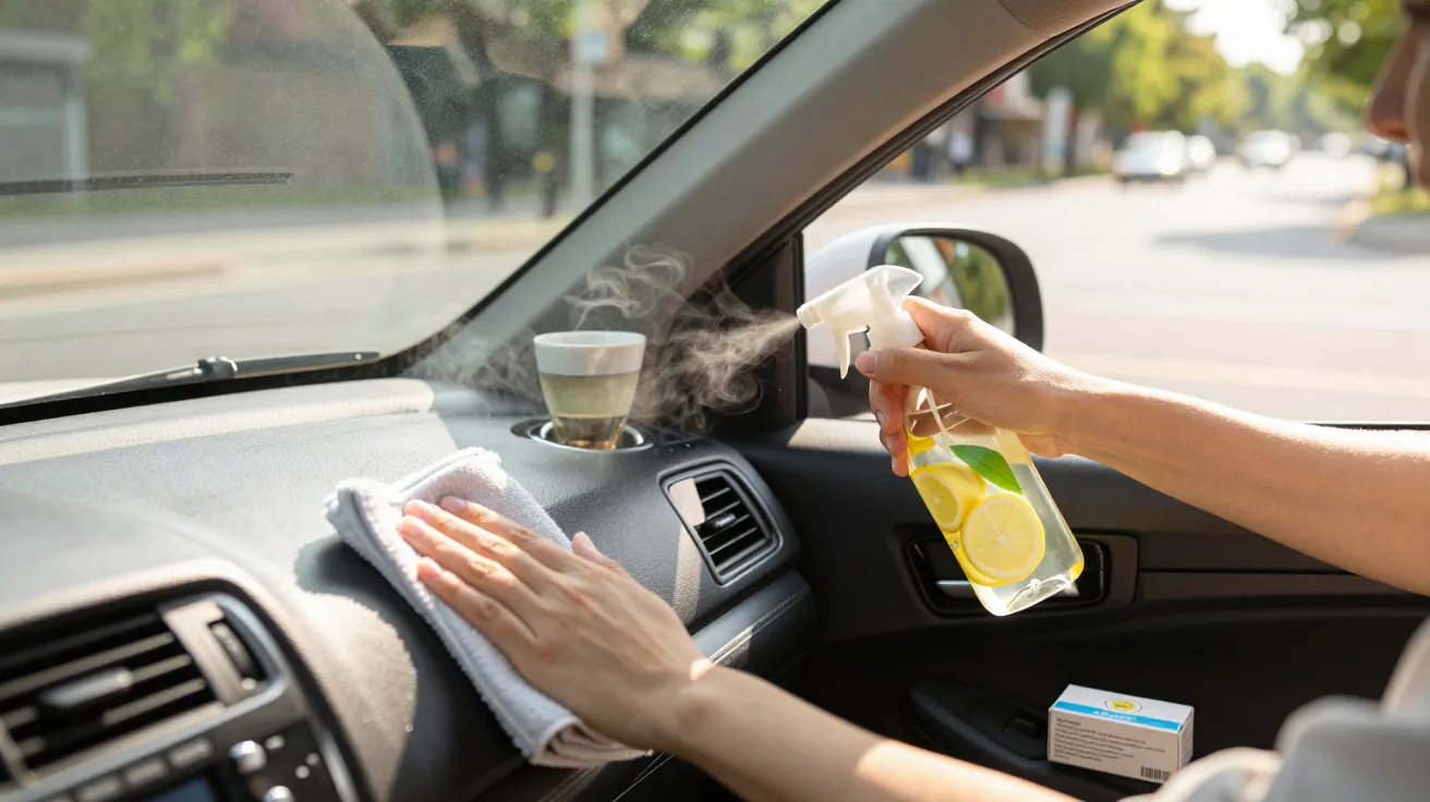 Pessoa limpa o tablier do carro com spray aromático e pano, copo de café a vapor no suporte.