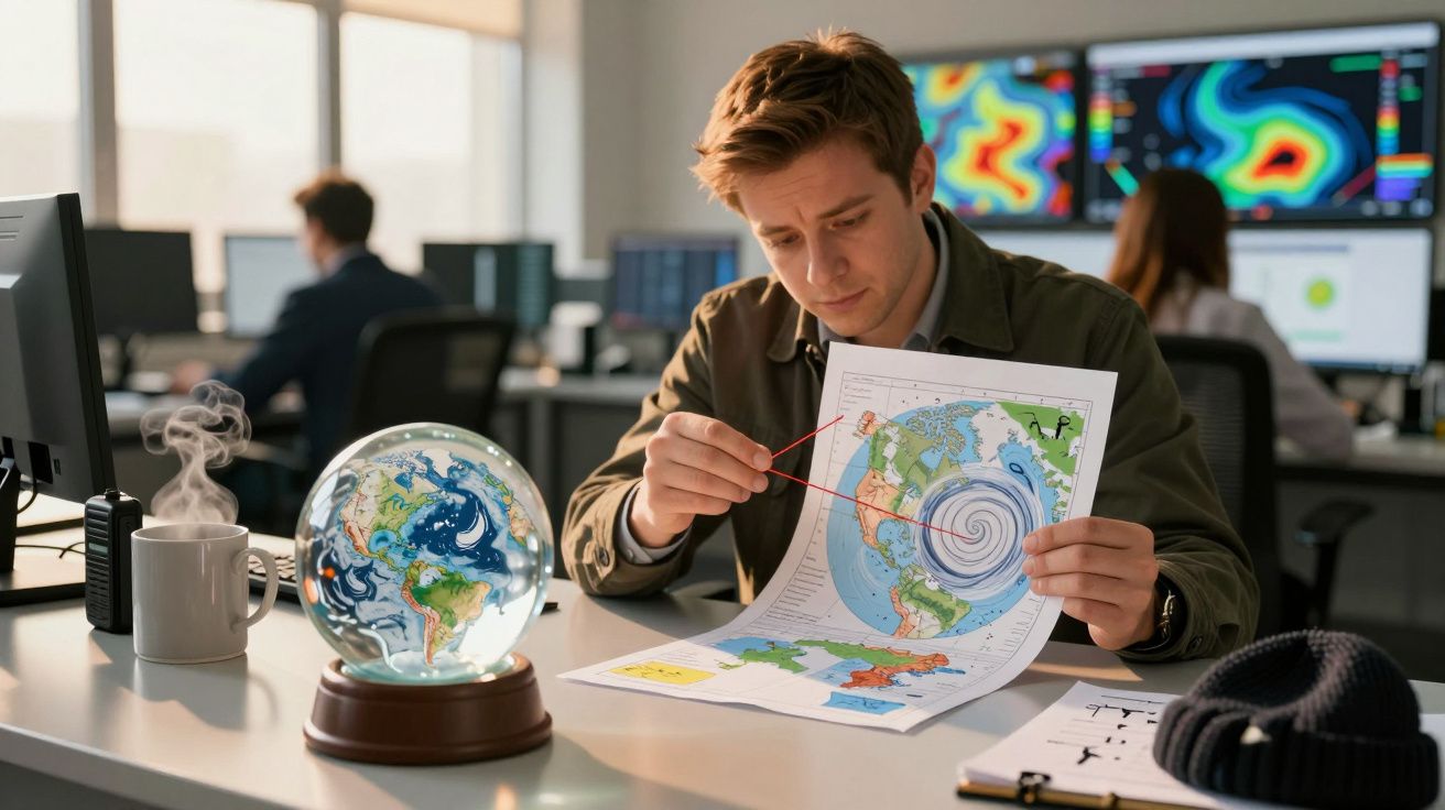Homem analisa mapa meteorológico numa mesa de escritório com globo e chávena de café ao lado.
