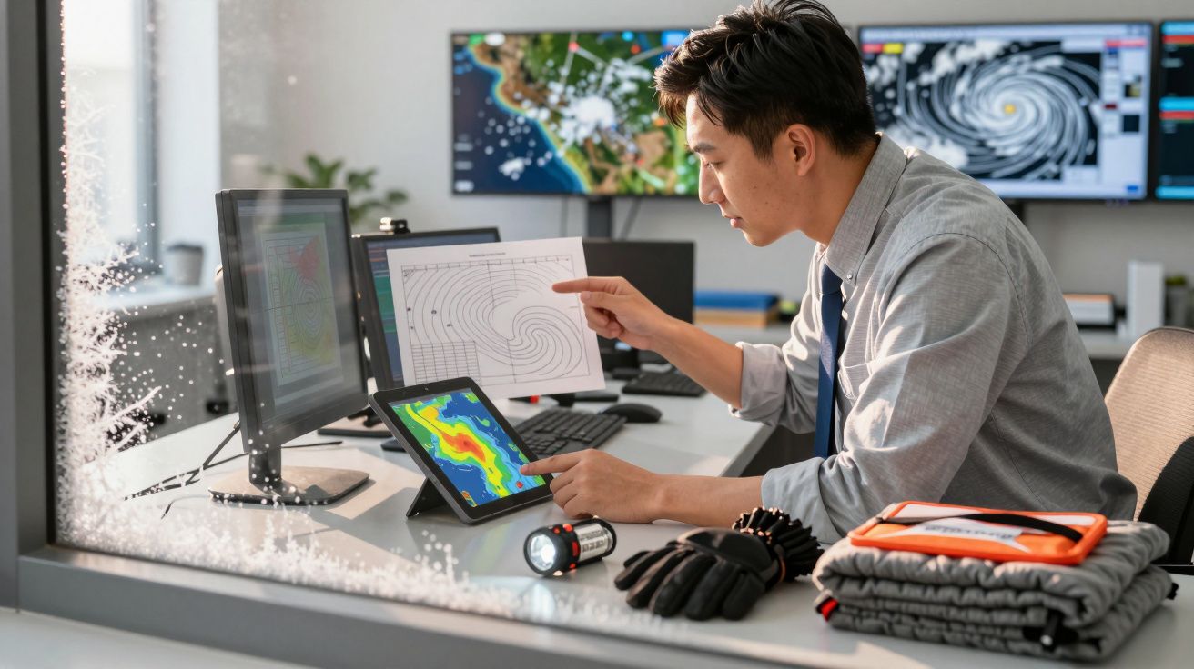 Homem analisa mapas meteorológicos num escritório com vários monitores, tablets e equipamento de emergência.