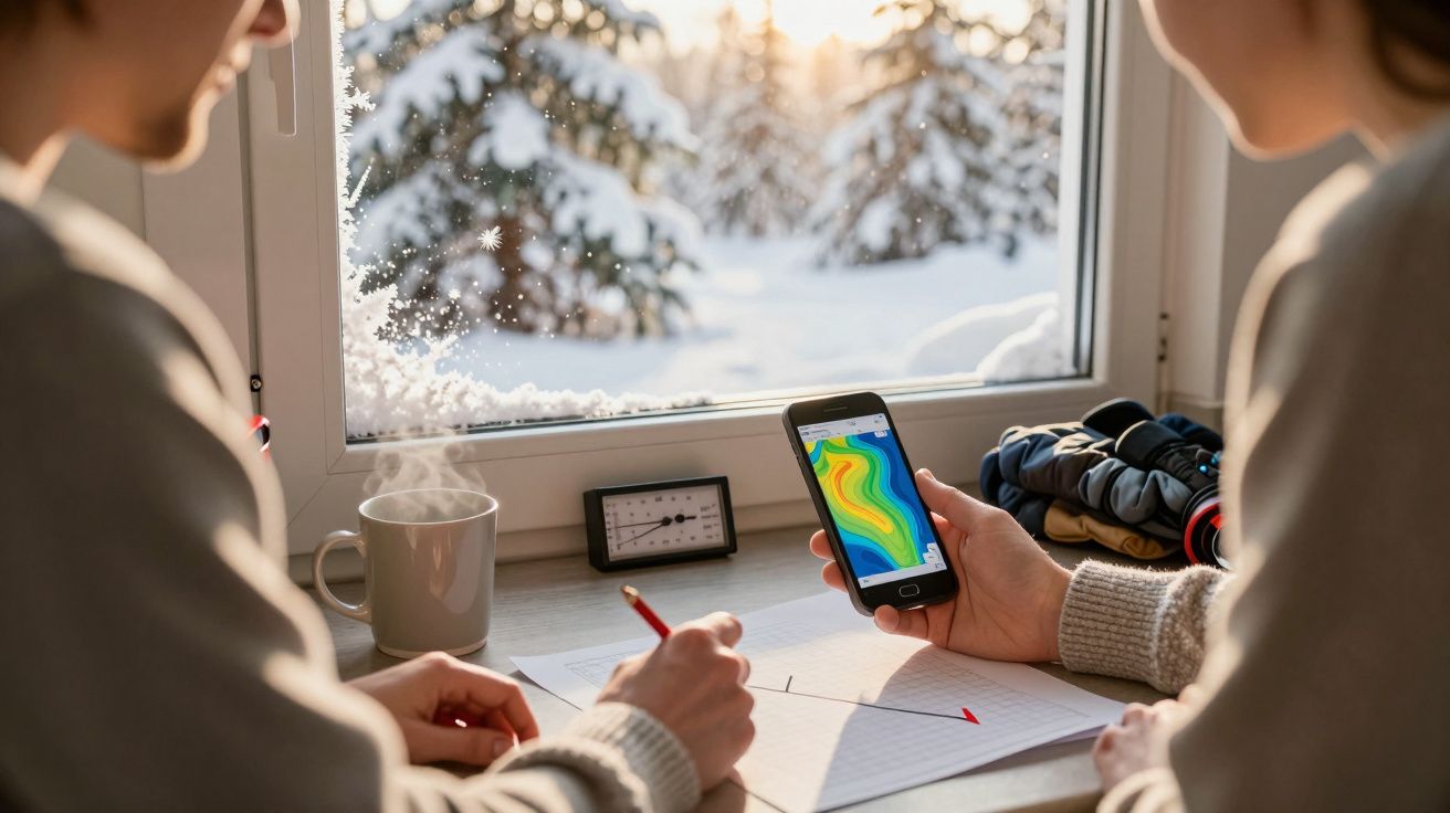 Pessoas analisam previsão do tempo num smartphone, perto de uma janela com neve, com uma chávena e papéis sobre a mesa.