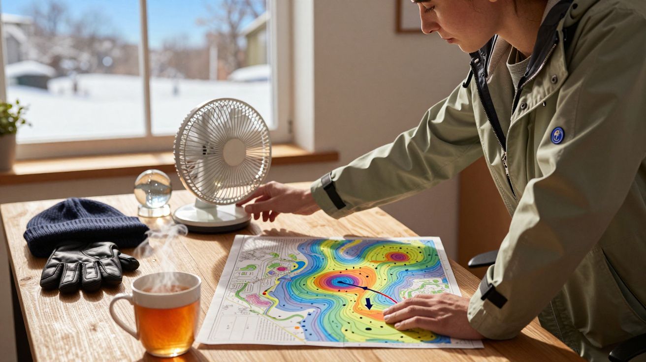 Pessoa ajusta ventilador ao lado de um mapa meteorológico colorido sobre a mesa, com bebida quente, luvas e gorro.