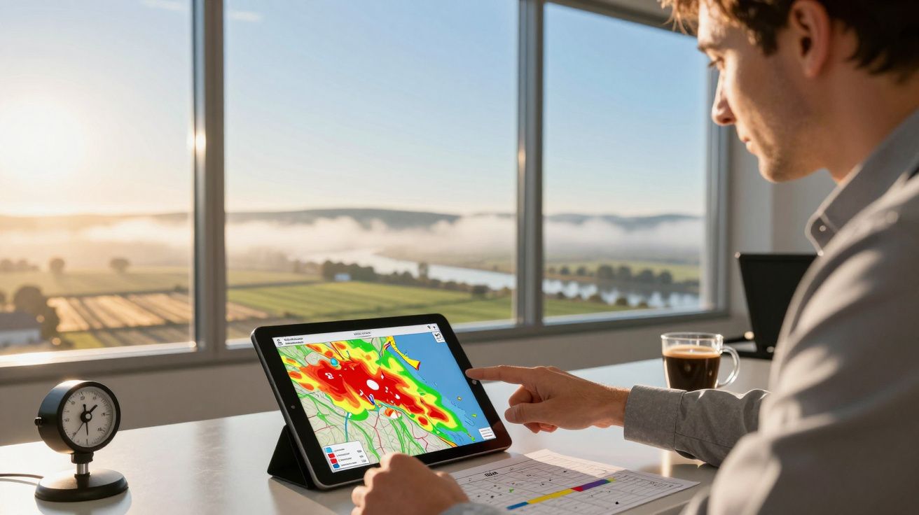 Homem analisa mapa meteorológico num tablet, junto a janela que revela paisagem rural com nevoeiro ao amanhecer.