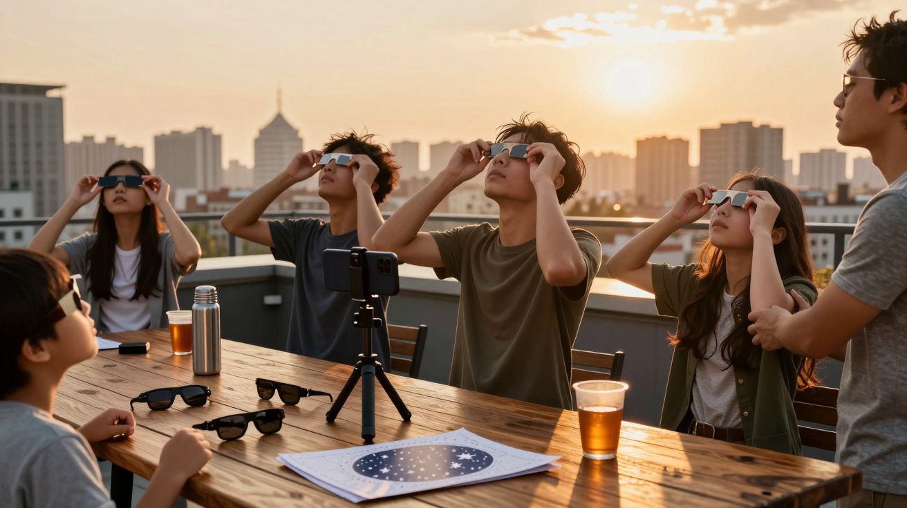 Pessoas observam o céu com óculos especiais num terraço ao pôr do sol, com equipamento de gravação e bebidas sobre a mesa.