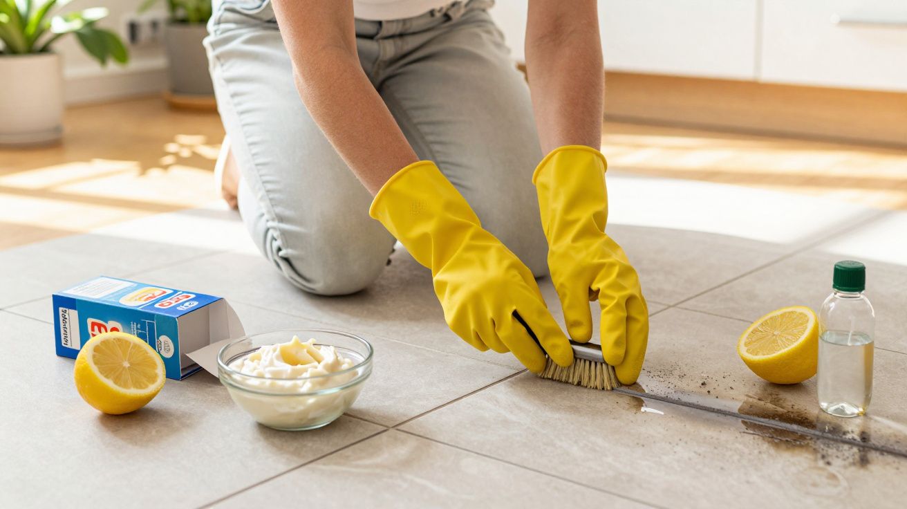 Pessoa a limpar as juntas do azulejo com luvas amarelas, escova e produtos caseiros como limão e bicarbonato de sódio.