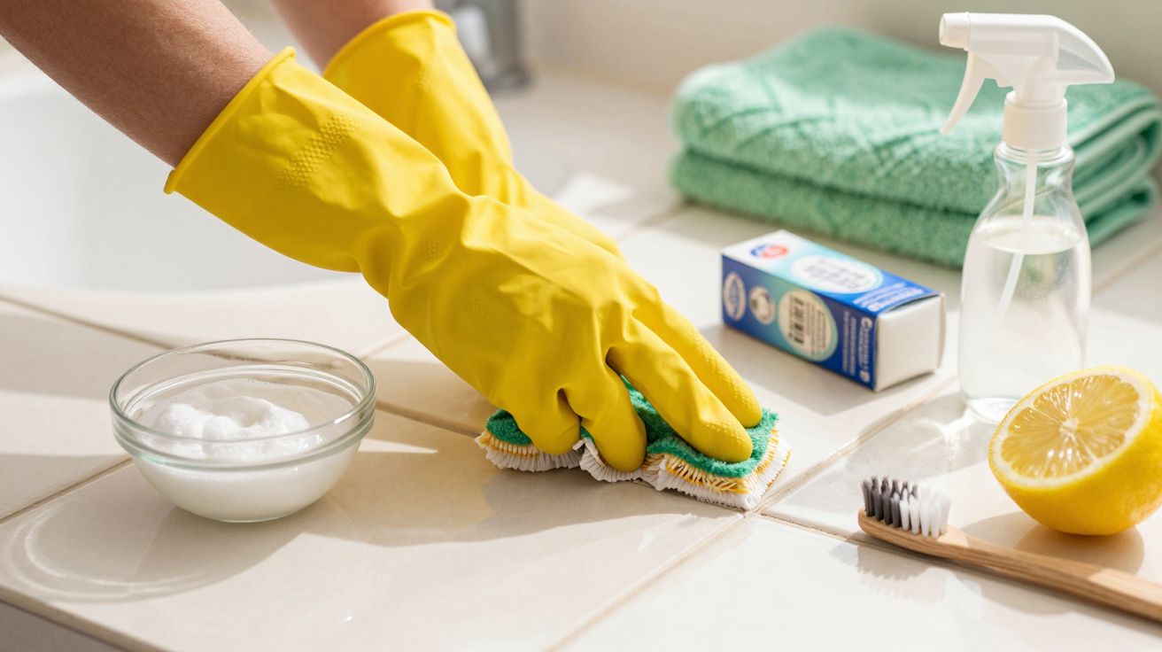 Mão com luva amarela a limpar azulejos com esponja. Ingredientes de limpeza natural: limão, bicarbonato, vinagre.