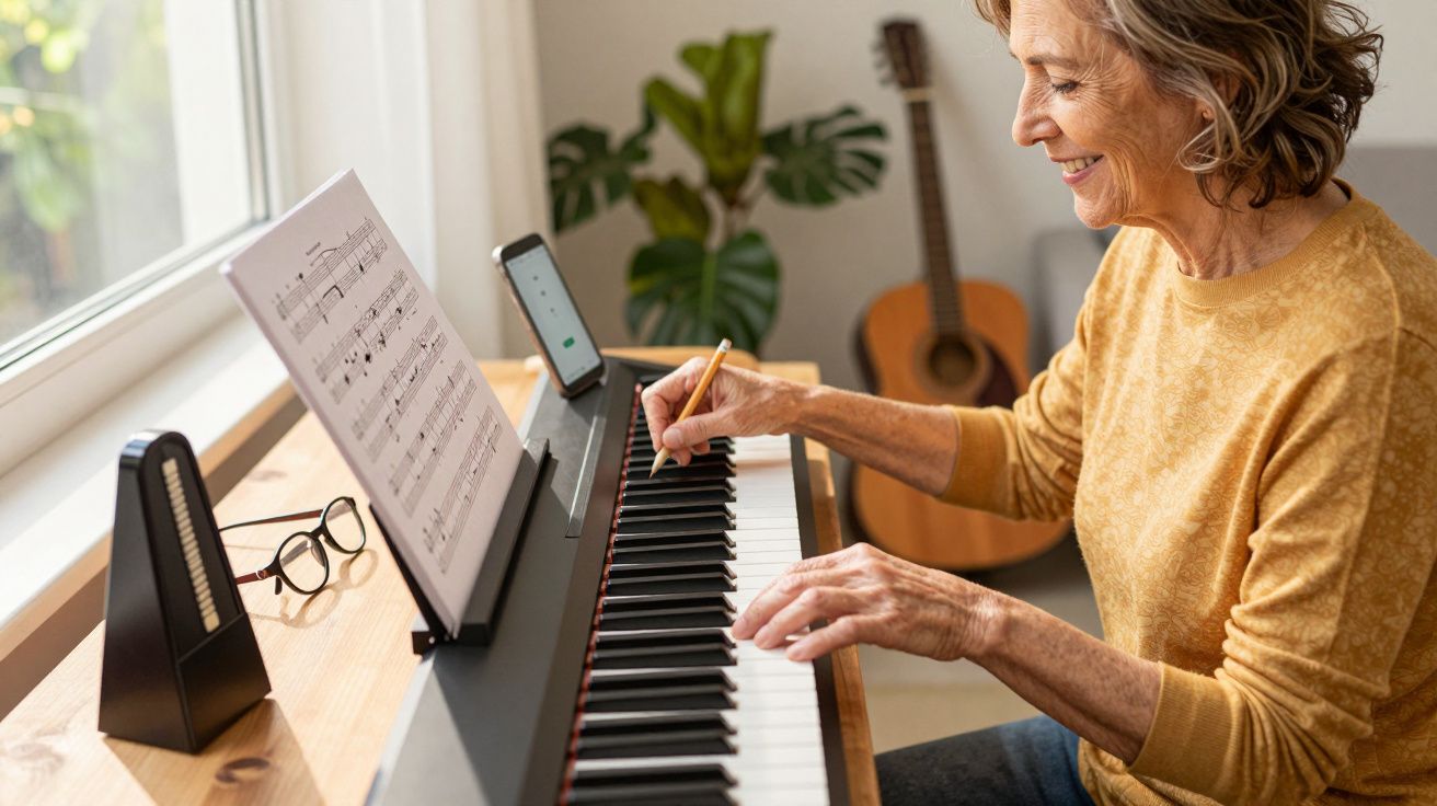 Mulher idosa alegre toca piano digital olhando partitura, com guitarra ao fundo.