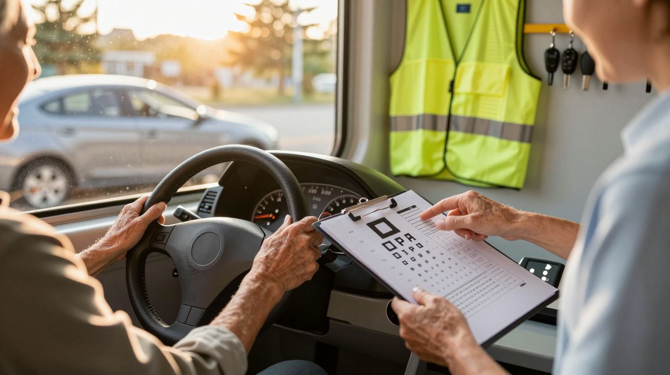 Pessoa segura volante enquanto a outra mostra tabela optométrica num clipboard dentro de um veículo.