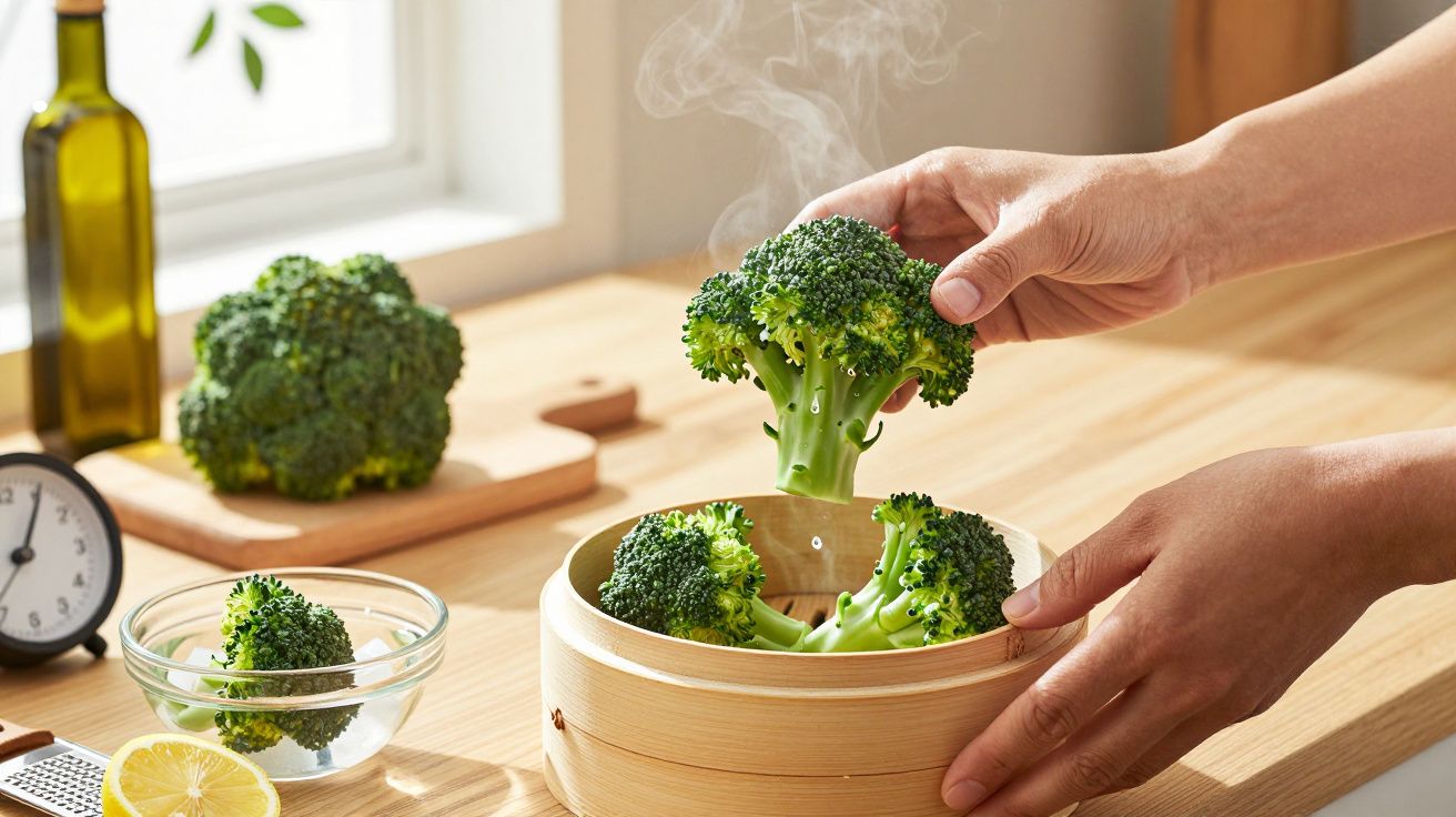 Pessoa a colocar brócolos num vaporizador de bambu numa cozinha iluminada.