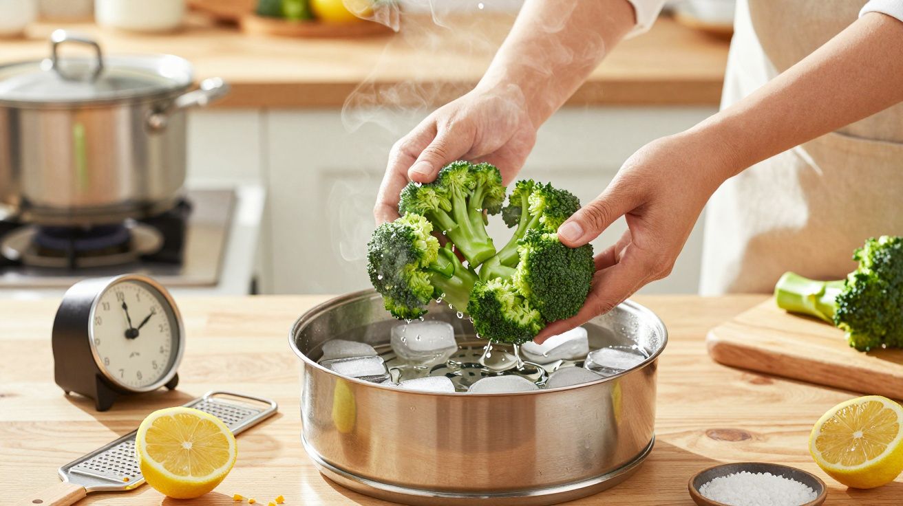 Pessoa colocando brócolos numa tigela de água com gelo na cozinha, com limões e um relógio ao lado.