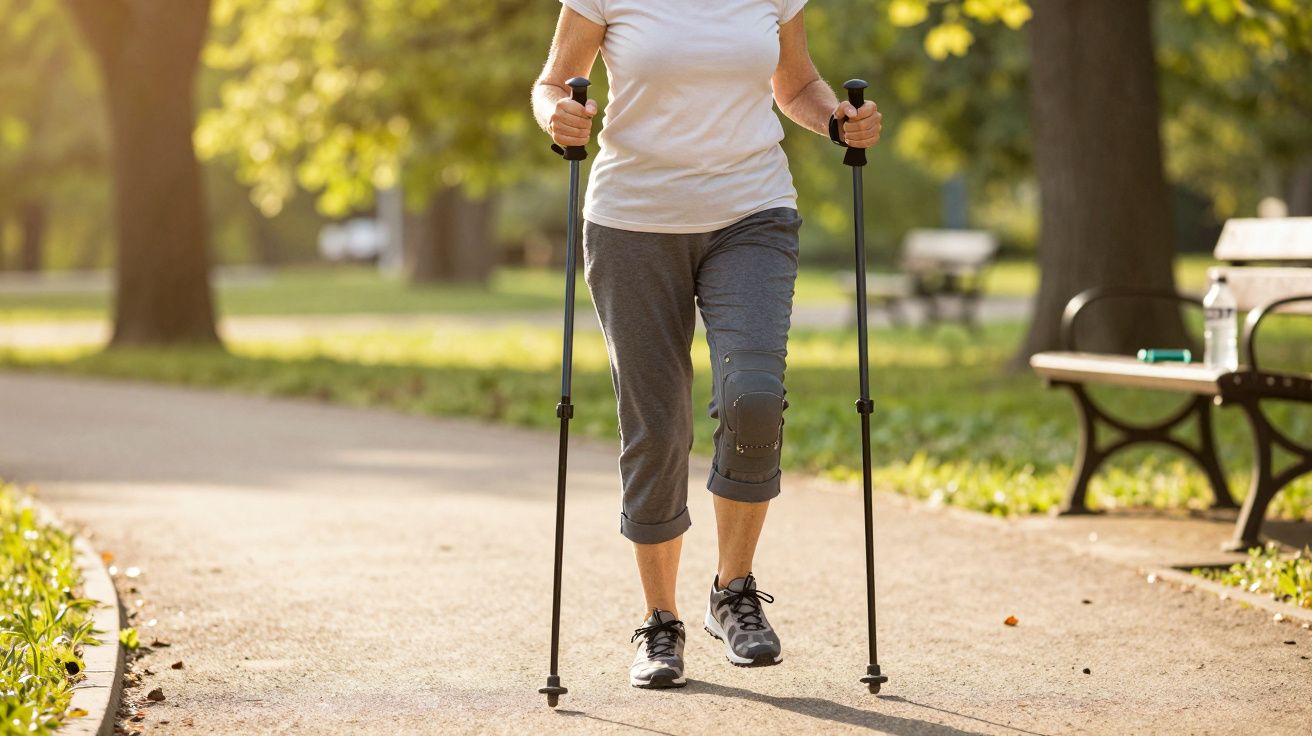 Pessoa a caminhar num parque, usando bastões de caminhada nórdica, vestida com t-shirt branca e calças cinza.
