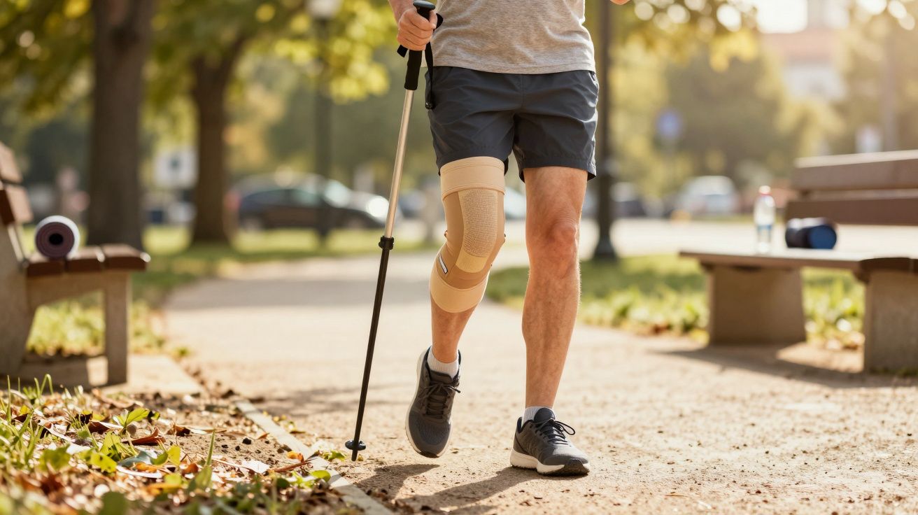 Homem com joelheira e bengala a caminhar num parque ao ar livre, num dia ensolarado.
