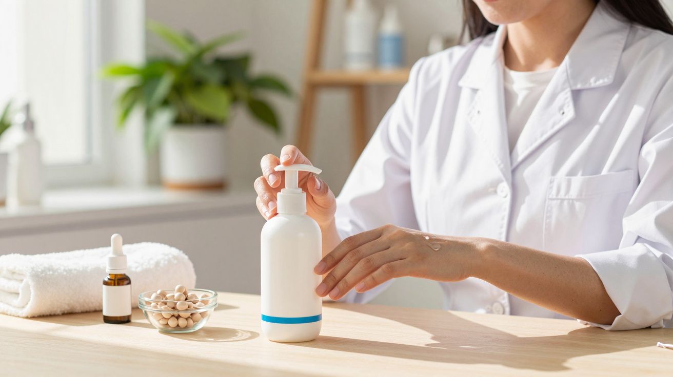 Mulher utiliza dispensador de creme num espaço claro e organizado.