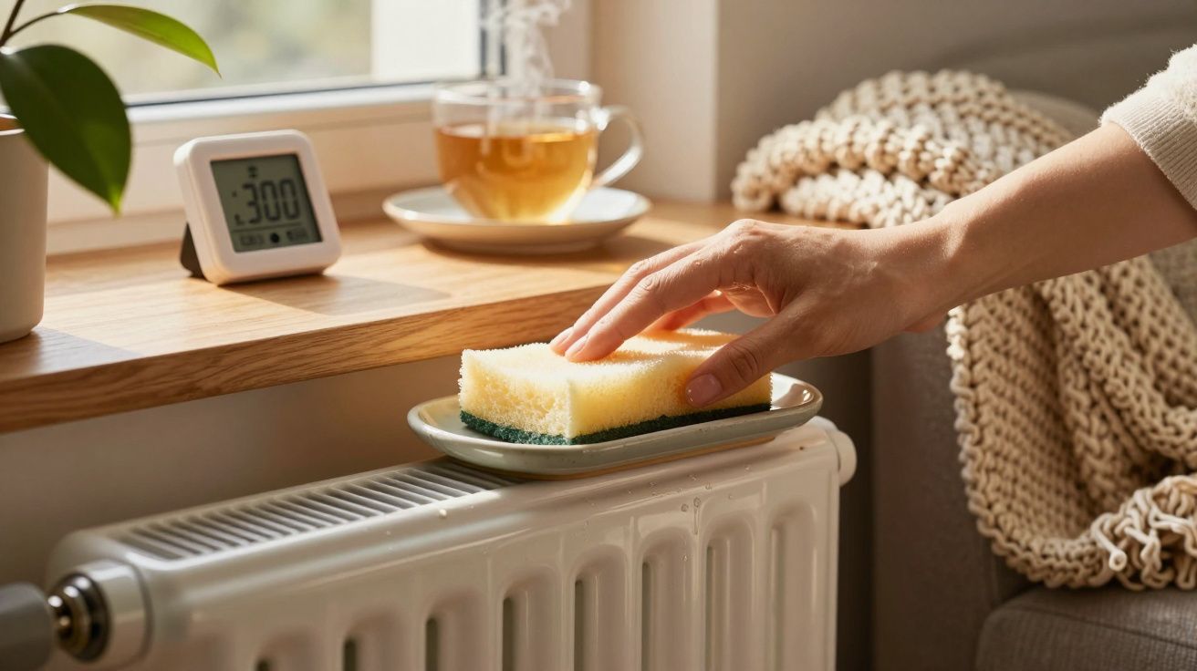 Mão feminina pegando esponja em cima de radiador, ao lado de chá, relógio digital, planta e manta tricotada.