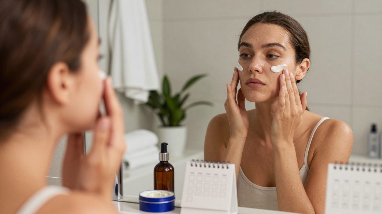 Mulher aplica creme no rosto em frente ao espelho na casa de banho.