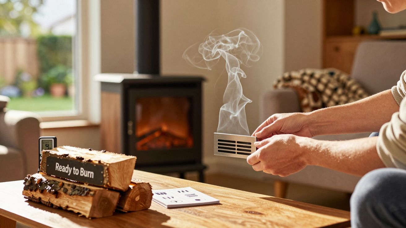 Pessoa segura barra metálica fumegante, lenha na mesa preparada para a lareira acesa ao fundo, sala iluminada.