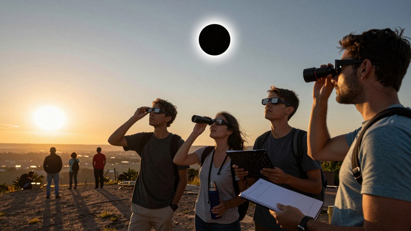 Pessoas observam eclipse solar com óculos e binóculos, com o Sol a pôr-se no horizonte.