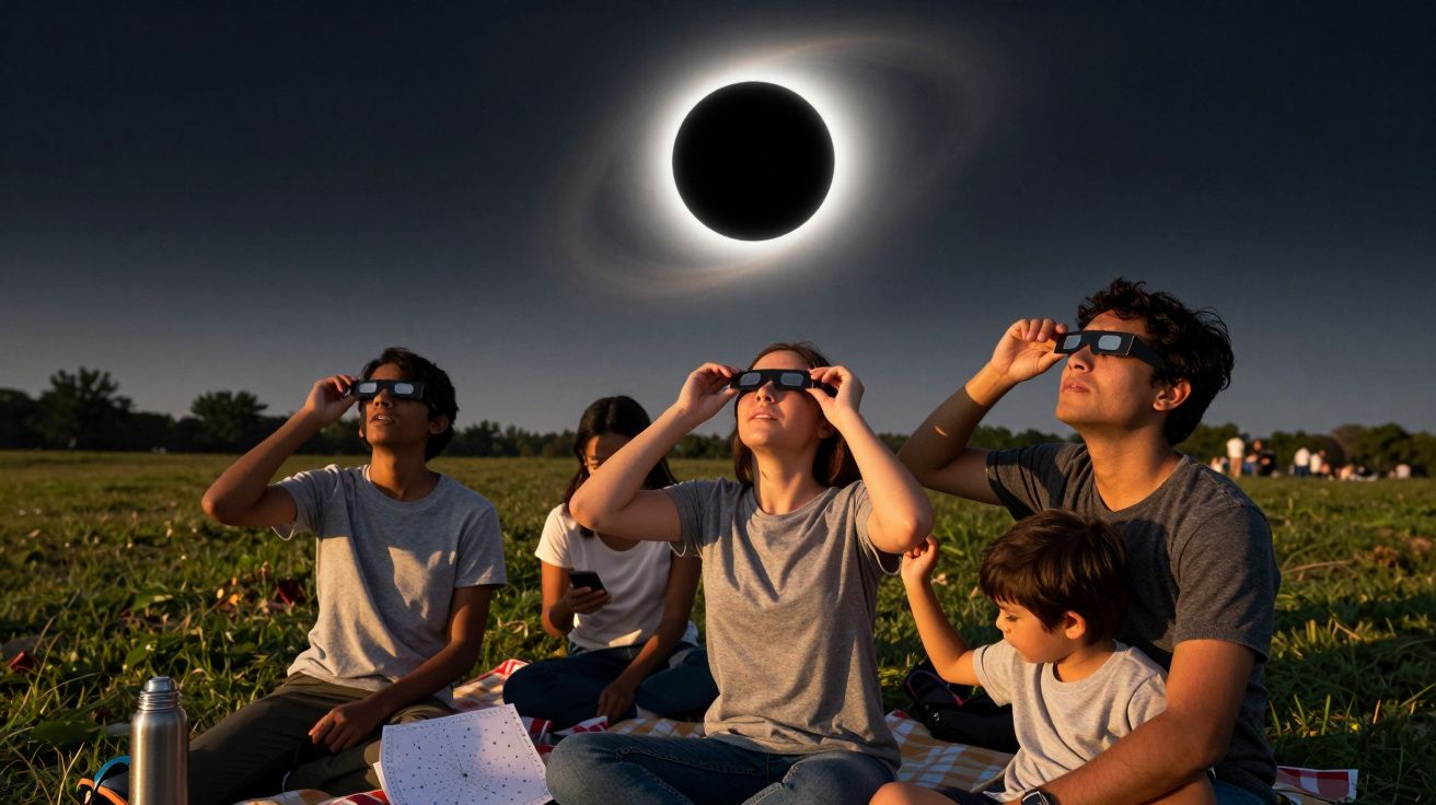 Família observa eclipse solar num campo, usando óculos de proteção.
