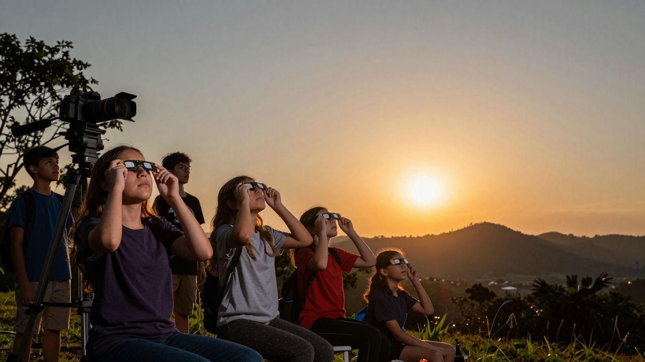 Grupo de crianças observa o pôr do sol com óculos especiais, ao ar livre, ao lado de um telescópio.