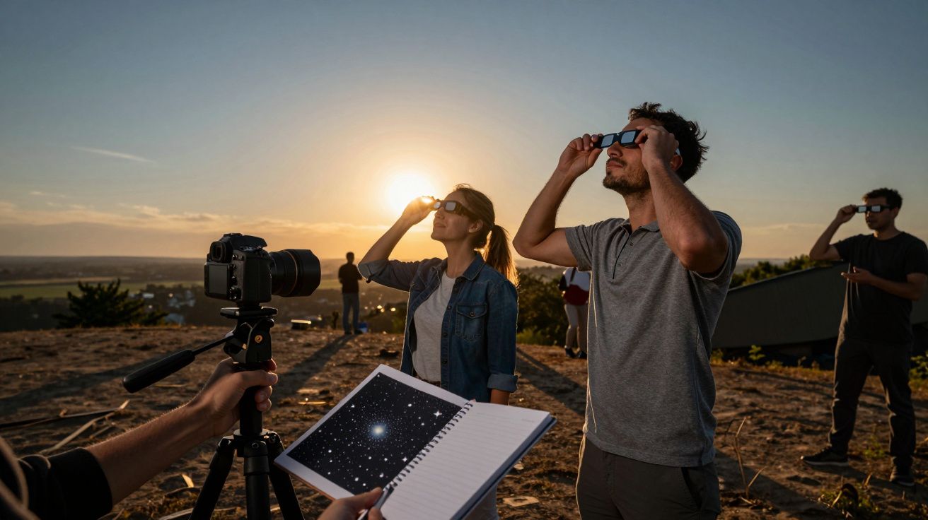 Pessoas observam eclipse solar ao pôr do sol com óculos especiais, enquanto alguém segura imagem de estrelas.
