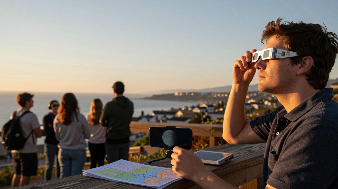 Homem observa eclipse solar com óculos especiais, segurando smartphone e mapa. Grupo de pessoas ao fundo, vista costeira.