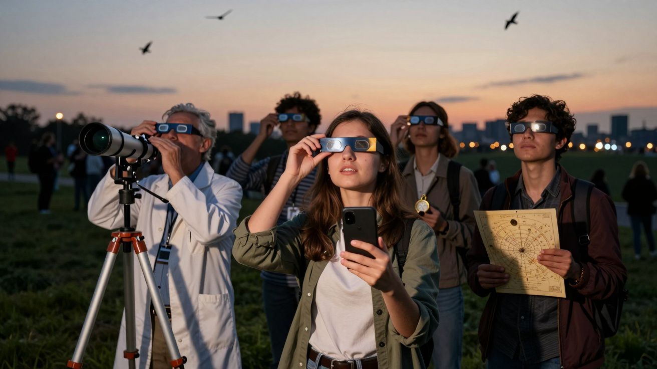 Grupo de pessoas observa eclipse solar com óculos de proteção e telescópio ao entardecer em área verde.