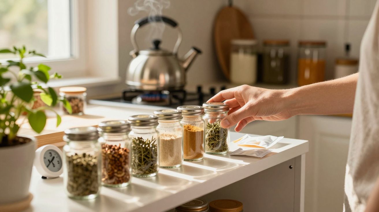 Mão seleciona frasco de especiarias em cozinha ensolarada, com chaleira fumegante ao fundo.