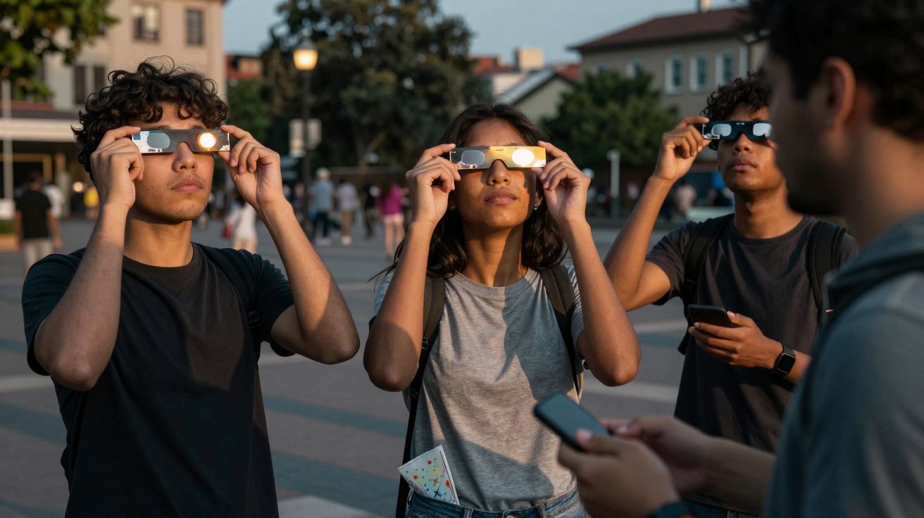 Grupo de jovens observa o céu com óculos de proteção, em ambiente urbano ao entardecer.