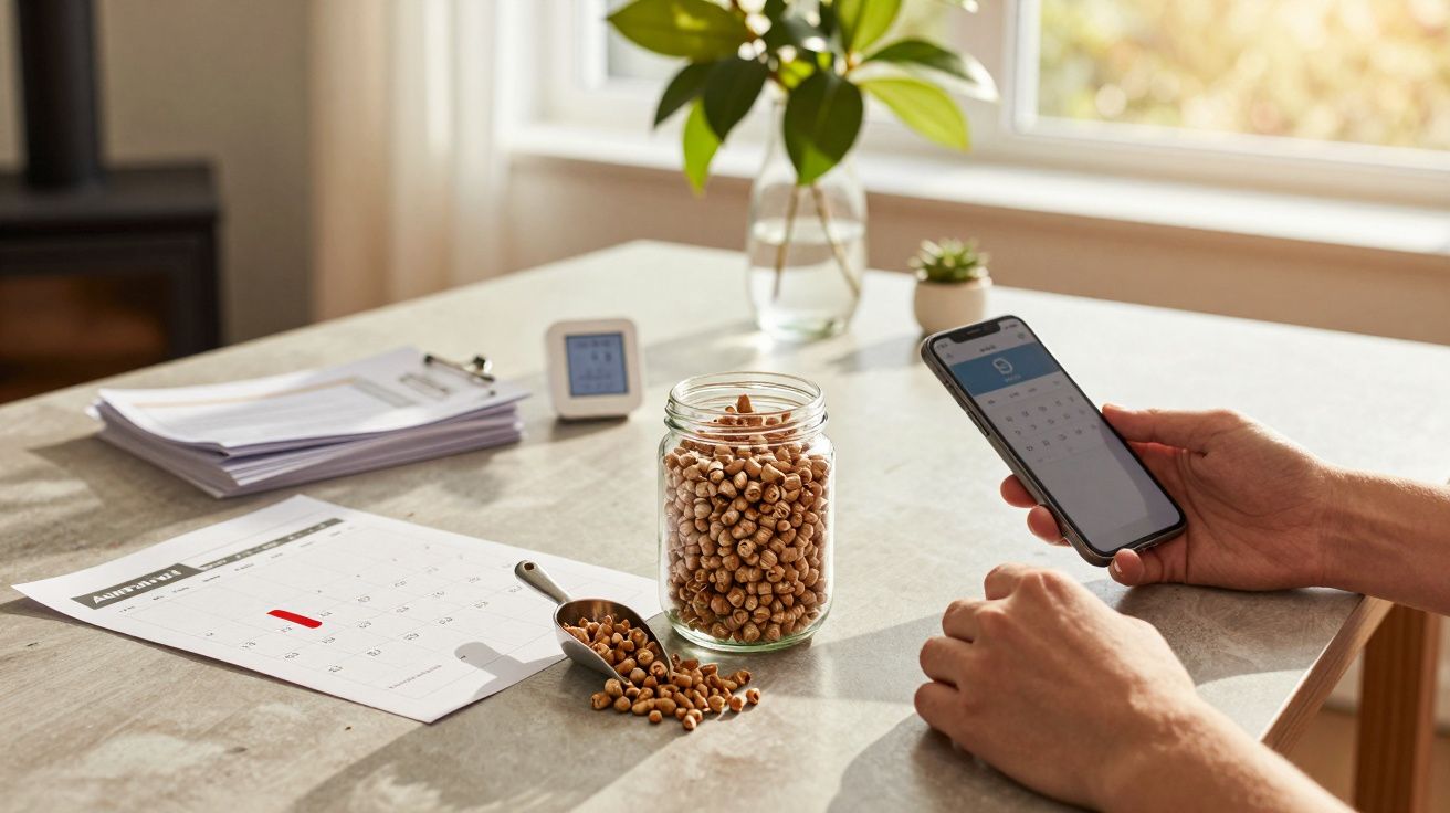 Pessoa segura telemóvel, copo com cereais, calendário sobre a mesa, planta e relógio ao fundo.