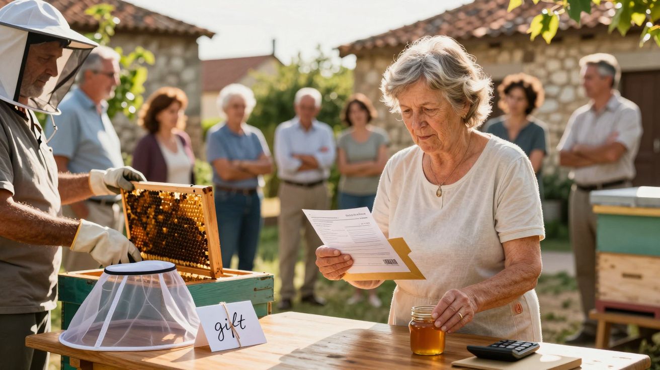 Idosa lê papel perto de um apicultor e frascos de mel, com grupo de pessoas ao fundo em ambiente rural.