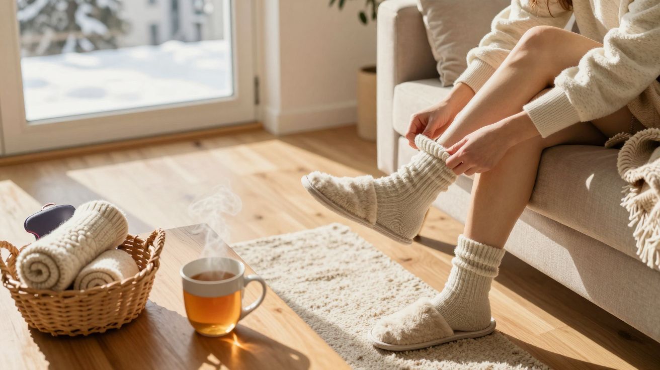 Pessoa calça meias de lã num sofá; chá e mantas em cesta sobre tapete, com luz natural entrando pela janela.