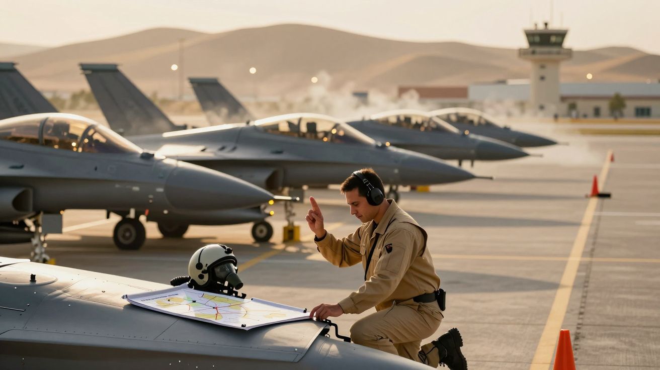 Piloto ajoelhado junto a um jato militar numa pista, consultando um mapa. Vários jatos alinhados ao fundo.