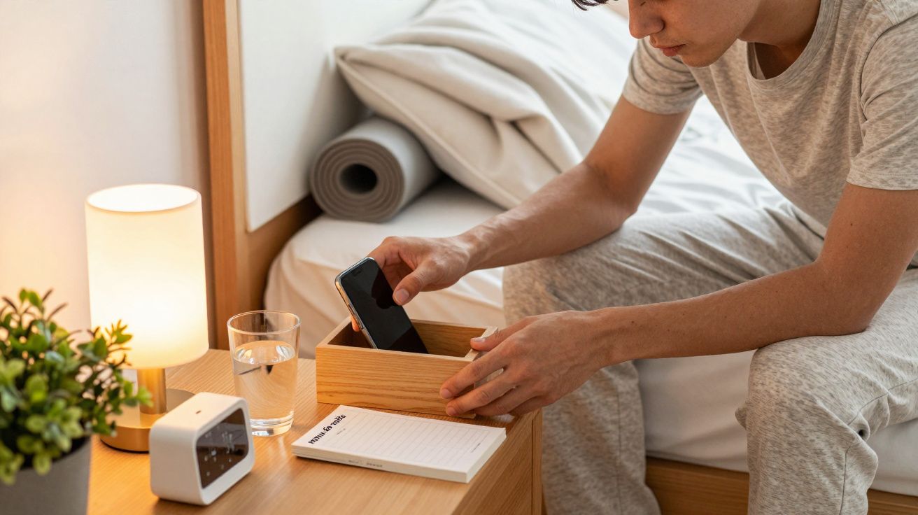 Homem coloca telemóvel numa caixa de madeira sobre a mesa de cabeceira com livro, relógio, copo de água e candeeiro.