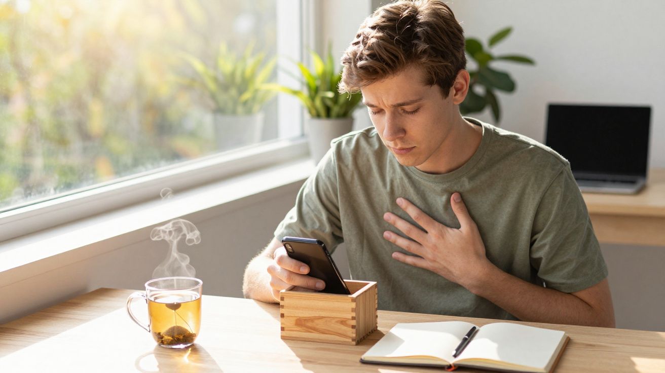 Jovem sentado à mesa, segurando o peito e olhando para o telemóvel, com chá e caderno abertos ao lado.