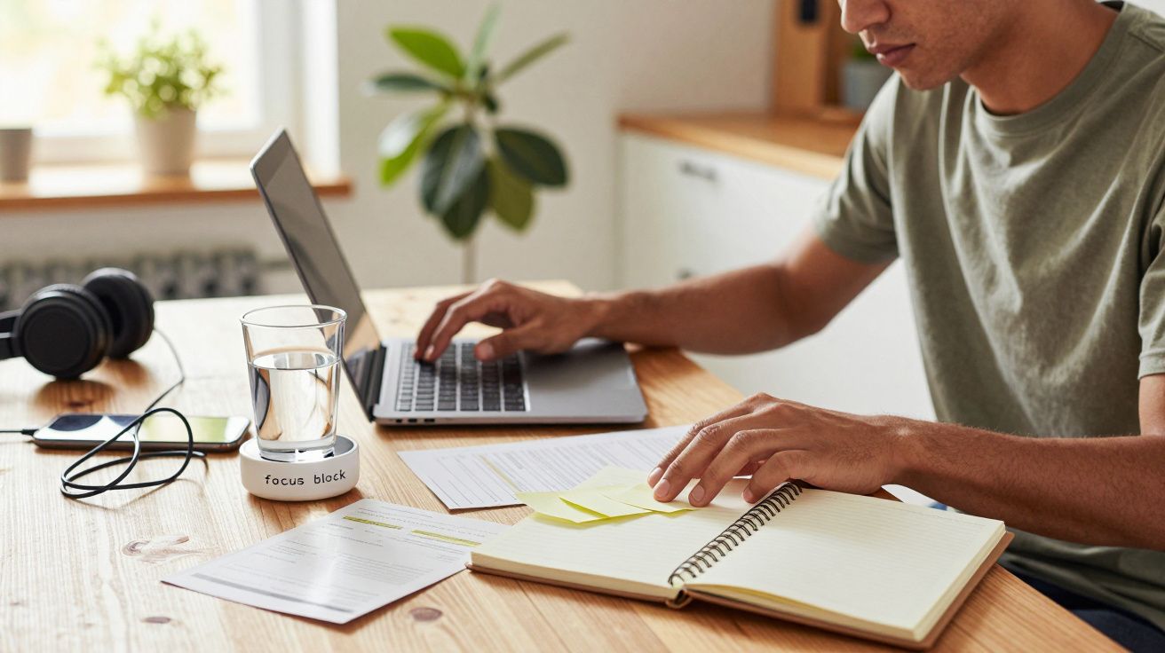 Homem a trabalhar num portátil numa mesa, com caderno, papéis, auscultadores e copo de água.