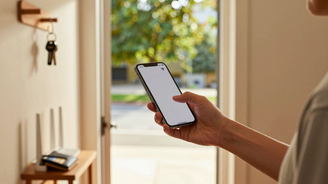 Pessoa segura smartphone em casa, perto de uma porta aberta, com um router e chaves à vista.