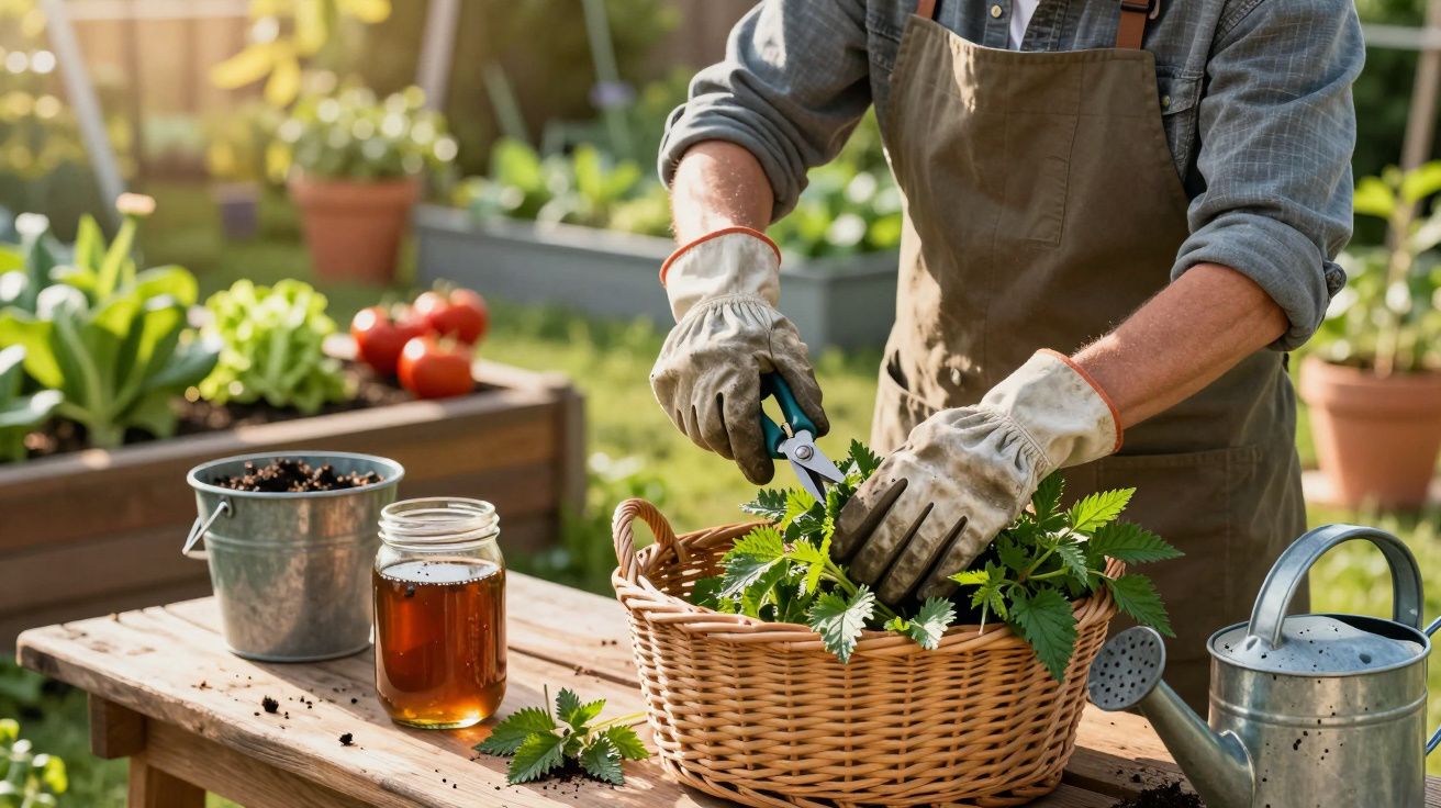 Pessoa a cortar ervas numa cesta de vime, num jardim, com jarro de vidro, balde e regador de metal sobre a mesa.