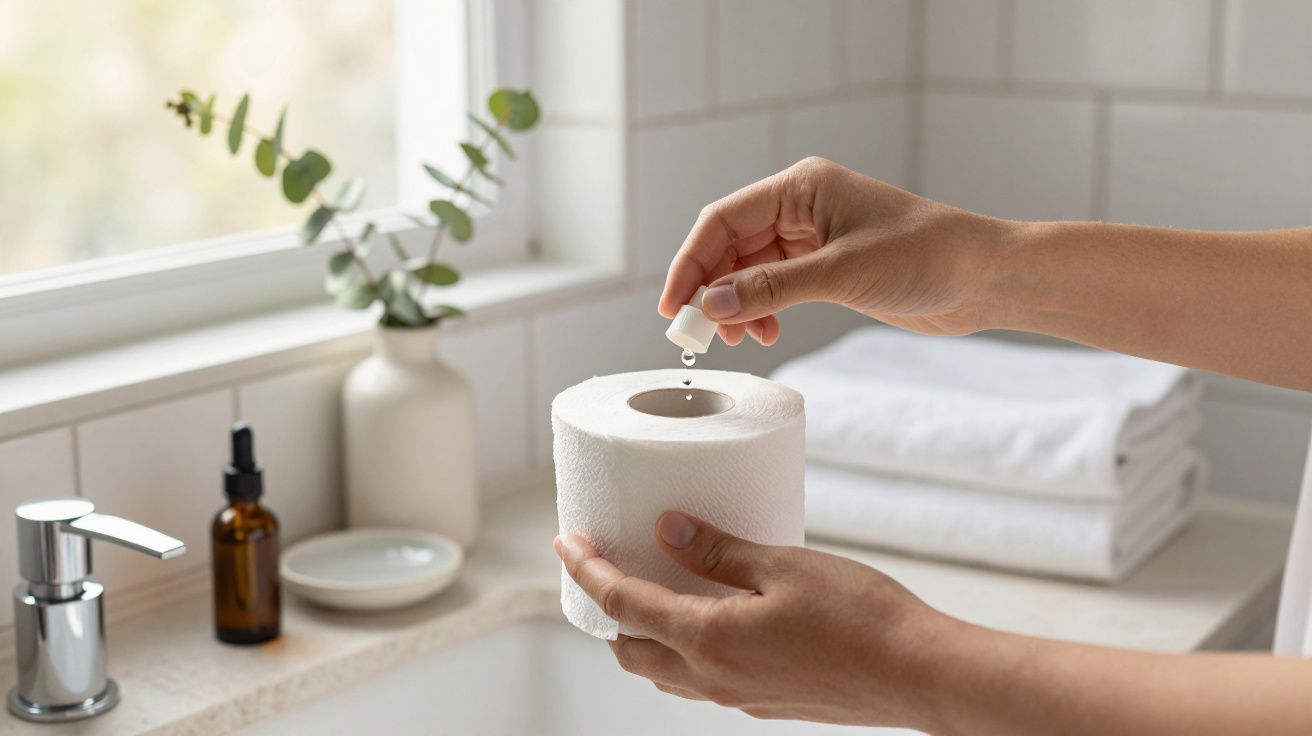 Mãos a pingar óleo essencial num rolo de papel higiénico numa casa de banho decorada com plantas e toalhas brancas.