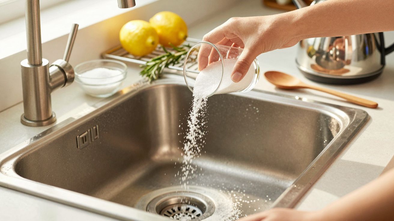 Mão despejando sal no lava-loiça de inox, com limões e galho de erva ao fundo na bancada da cozinha.