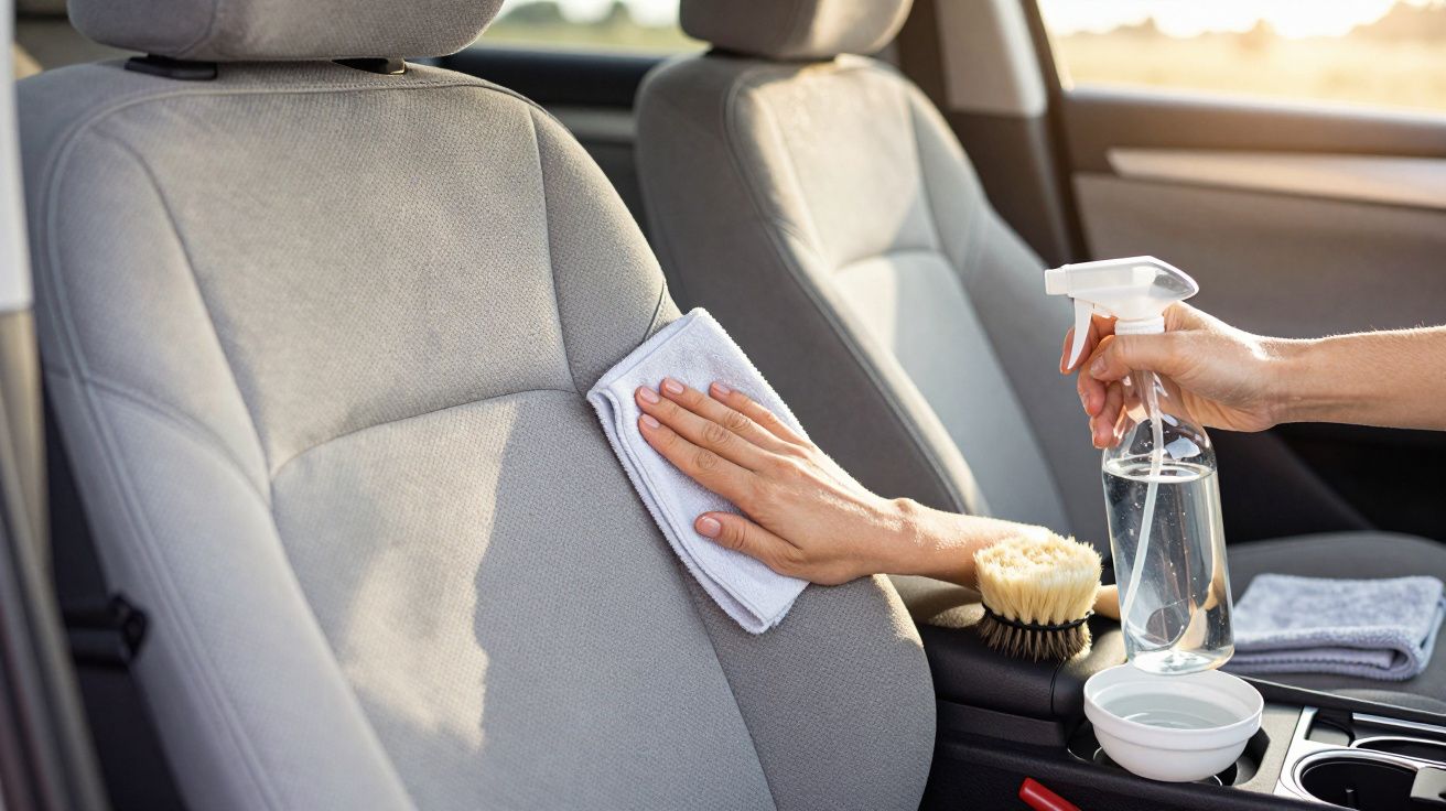 Mão a limpar assento de carro com pano e spray num interior automóvel cinzento.
