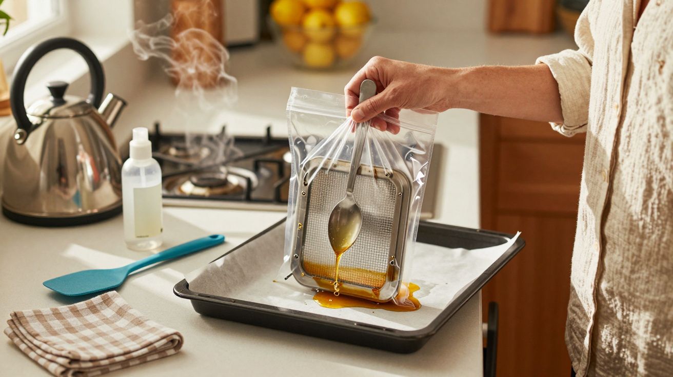 Pessoa a limpar uma grelha de forno com um saco de plástico, colher e líquido de limpeza numa cozinha.