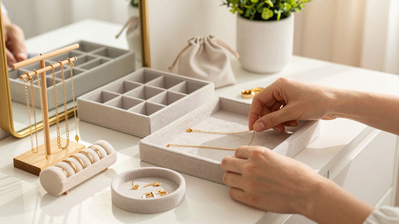 Pessoa organiza colares dourados numa caixa de joias sobre uma mesa branca, com acessórios e um espelho ao fundo.