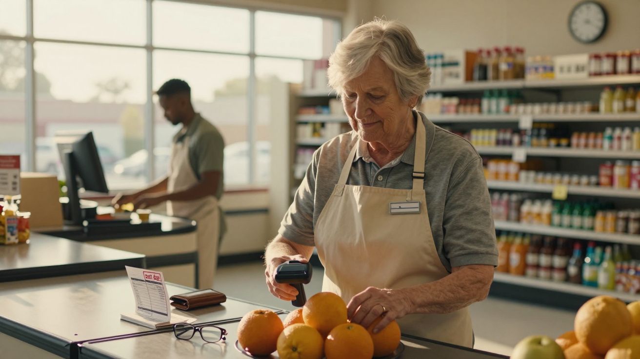 Mulher idosa com avental a usar scanner na caixa, rodeada por laranjas, num supermercado iluminado pelo sol.