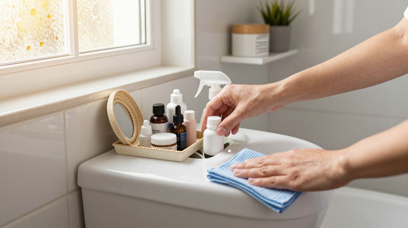Pessoa a limpar sanita com pano azul, produtos de higiene organizada numa bandeja ao lado de uma janela.