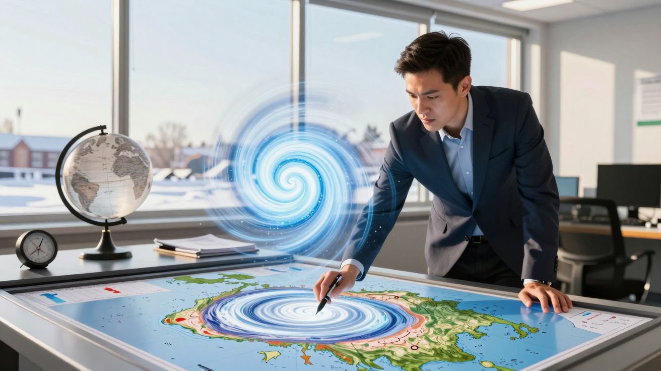 Homem analisa mapa meteorológico em mesa digital com redemoinho holográfico, num escritório moderno e iluminado.