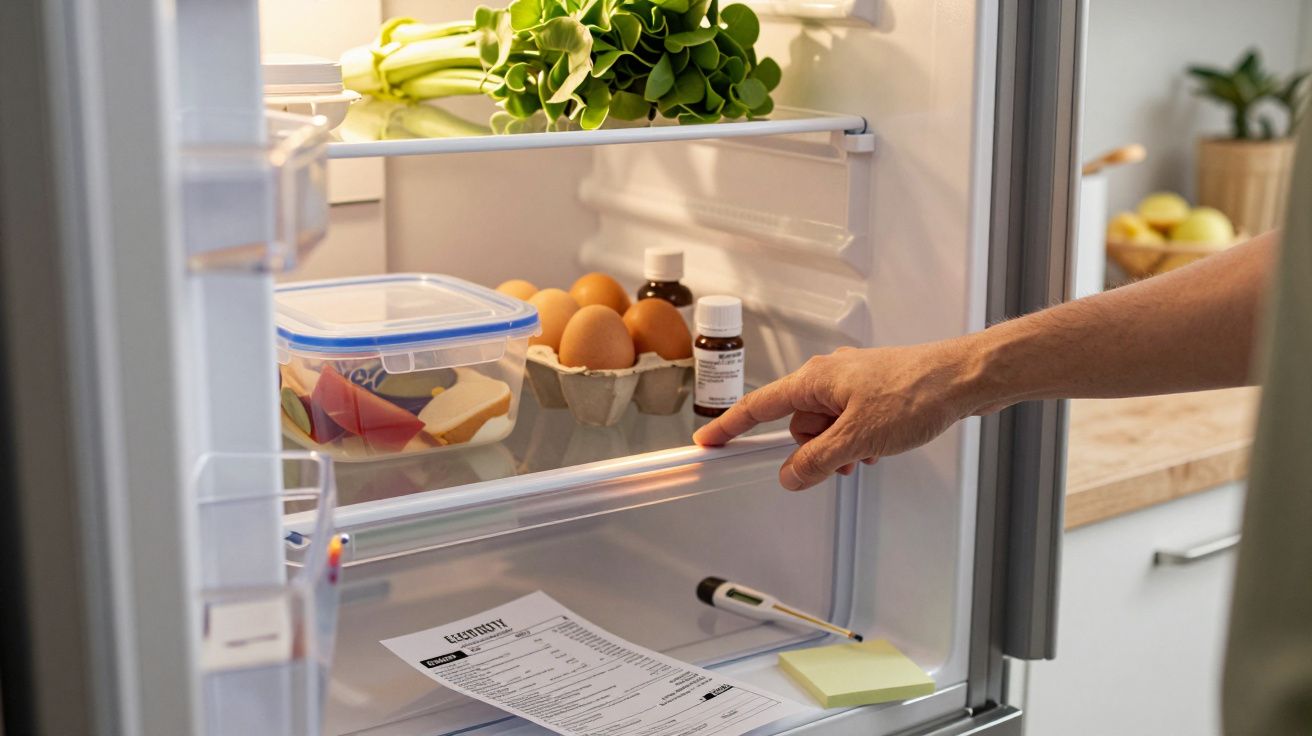 Mão a abrir frigorífico com vegetais, ovos, medicamento e recipiente de plástico no interior. Documento e caneta na porta.