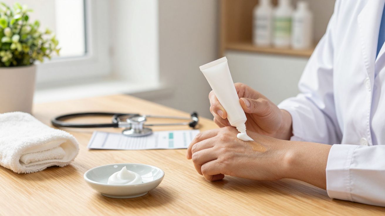 Pessoa aplica creme na mão com tubo branco sobre uma mesa de madeira. Estetoscópio e toalha ao fundo.