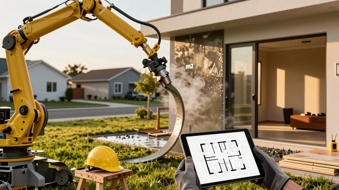 Braço robótico construindo uma casa com tablet mostrando planta, capacete de segurança ao lado, em ambiente exterior.